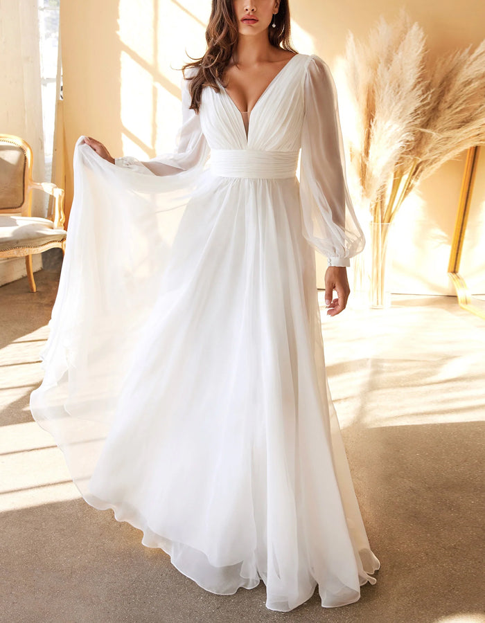 White Long-sleeved Chiffon Maxi Dress