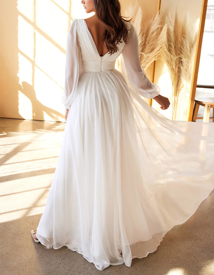 White Long-sleeved Chiffon Maxi Dress