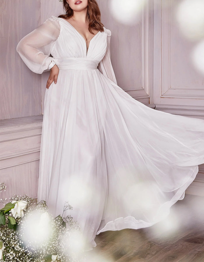 White Long-sleeved Chiffon Maxi Dress