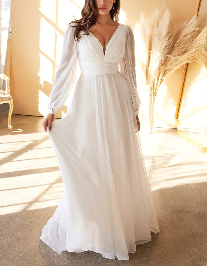 White Long-sleeved Chiffon Maxi Dress