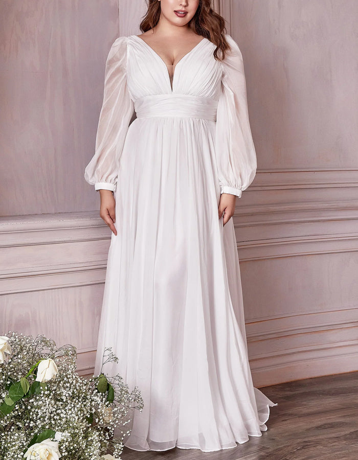 White Long-sleeved Chiffon Maxi Dress