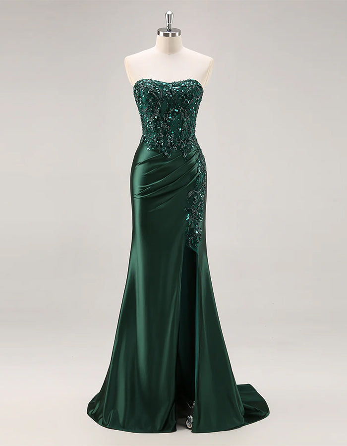 Solid Color Bandeau Mermaid Beaded Corset Slit Ballgown Maxi Dress