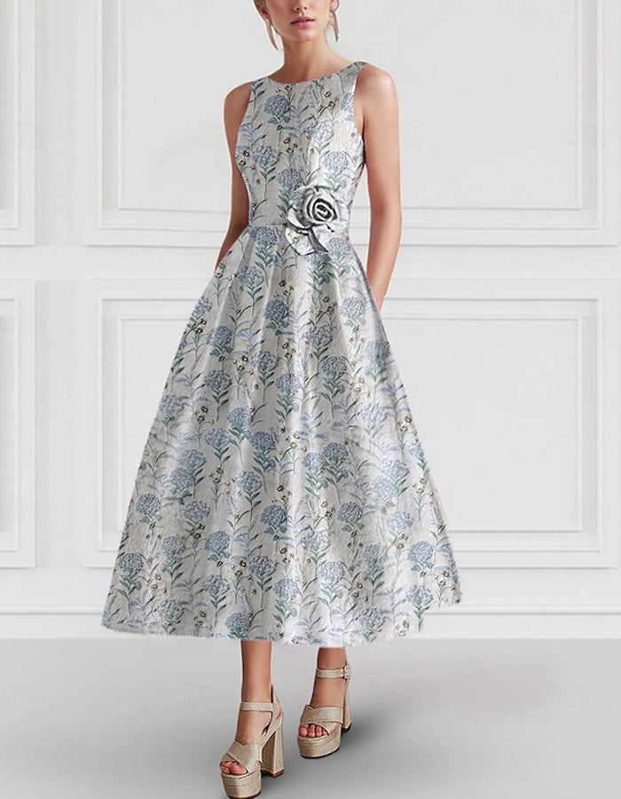 Jacquard Floral A-line Sleeveless Crew Neck Dress