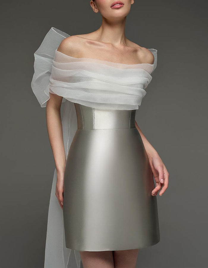 Silver Strapless Bodycon Satin Mesh Mini Dress