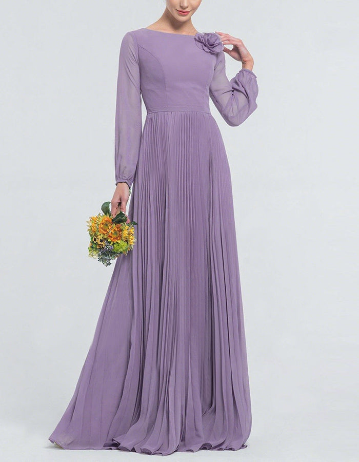 Purple Long Sleeved Chiffon Maxi Dress