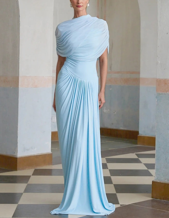 Light Blue Elegant Formal High Neck Ruffled Shawl Maxi Dress