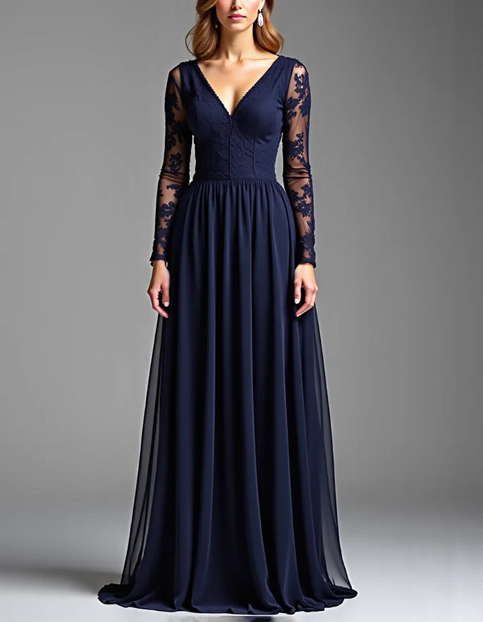 Solid Color A-line Formal Floor-length Long Sleeve Satin Ribbon Bow Maxi Dress