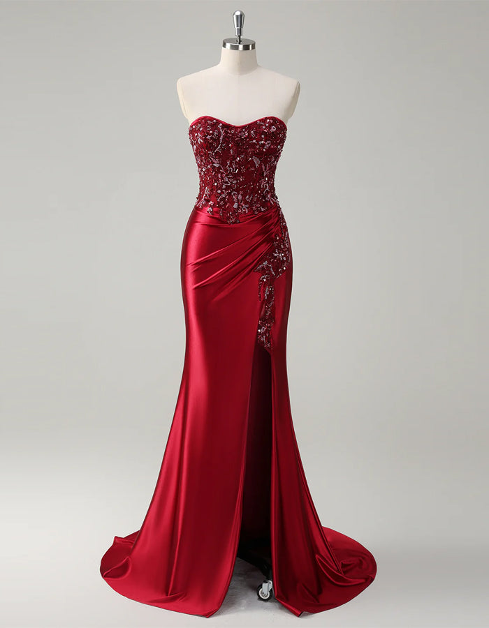 Solid Color Bandeau Mermaid Beaded Corset Slit Ballgown Maxi Dress