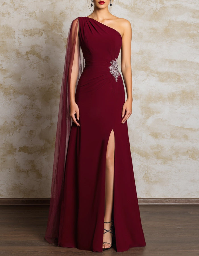 Burgundy One-shoulder Slit Maxi Dress