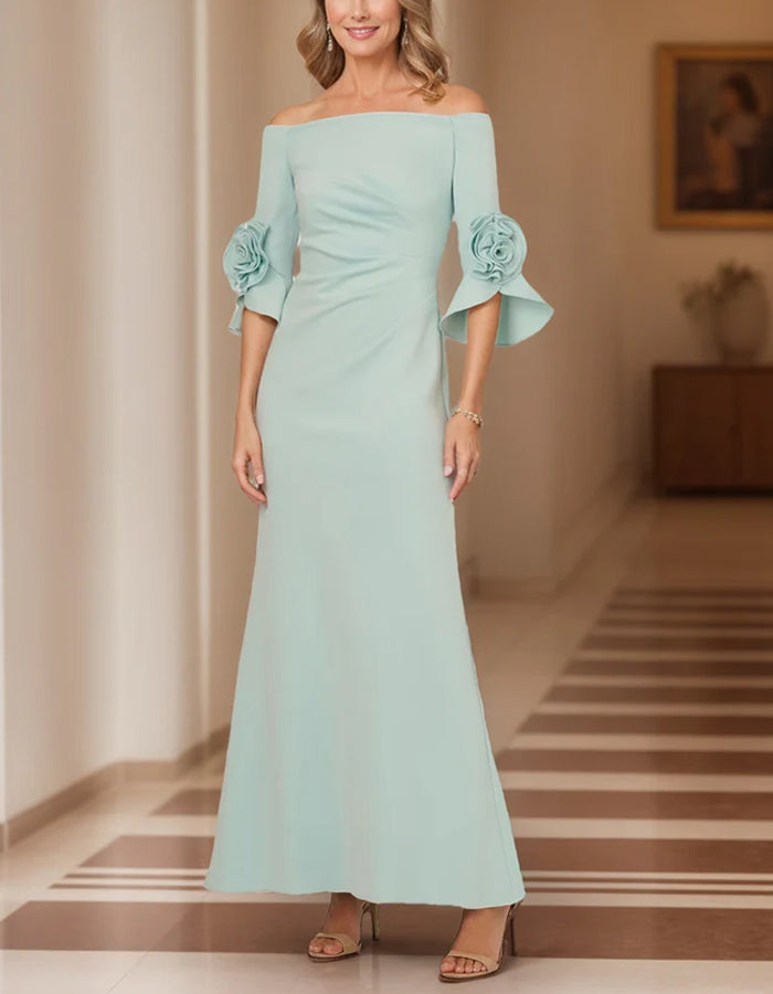 Mint Green Mermaid Off-the-shoulder Trumpet Sleeve 3D Flowers Midi Dress