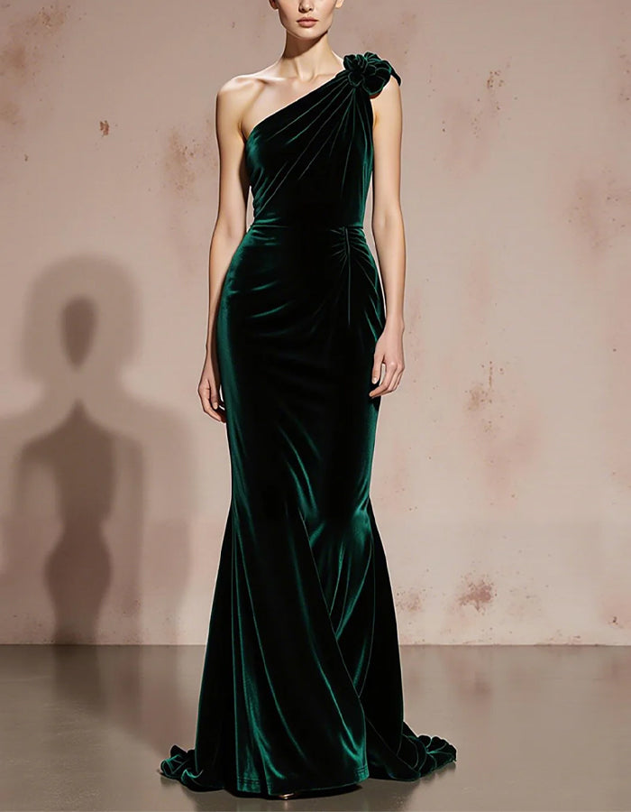 Dark Green Velvet Mermaid One Shoulder 3D Flowers Maxi Dress