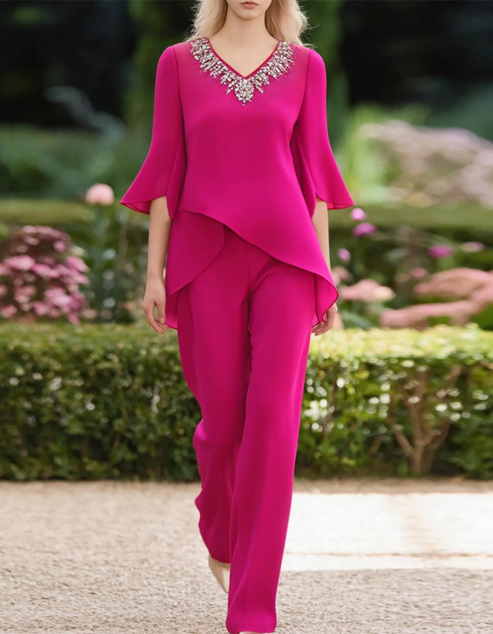 Rose Red V-Neck Rhinestone Chiffon Pants 2-Piece Suit