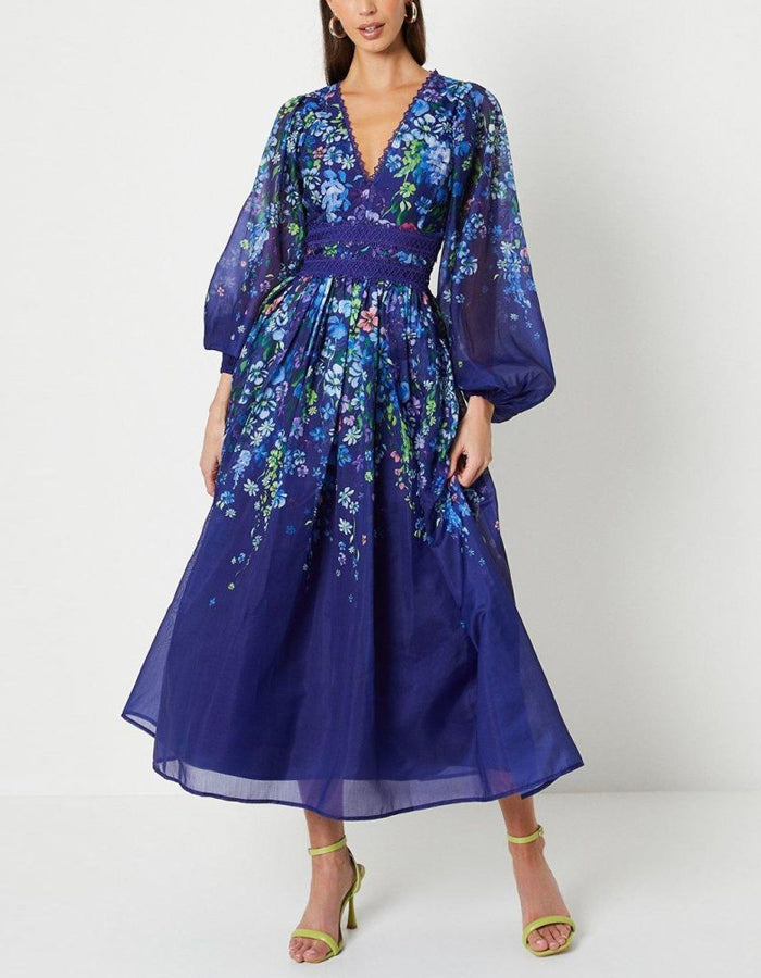 Blue V-neck Chiffon Flower Print Long Sleeves Midi Dress