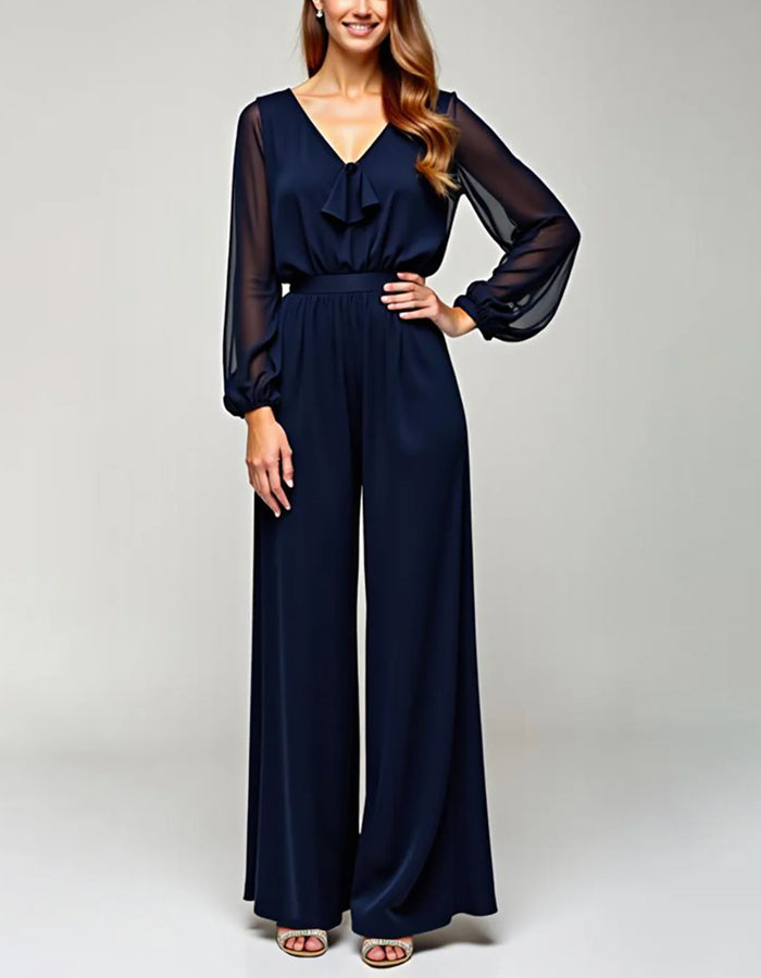 Navy Chiffon V-Neck Jumpsuit