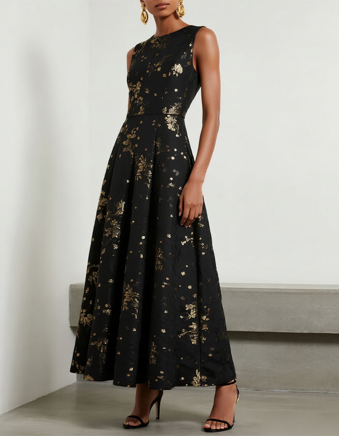 Black Round Neck Sleeveless A-Line Gold Foil Satin Maxi Dress
