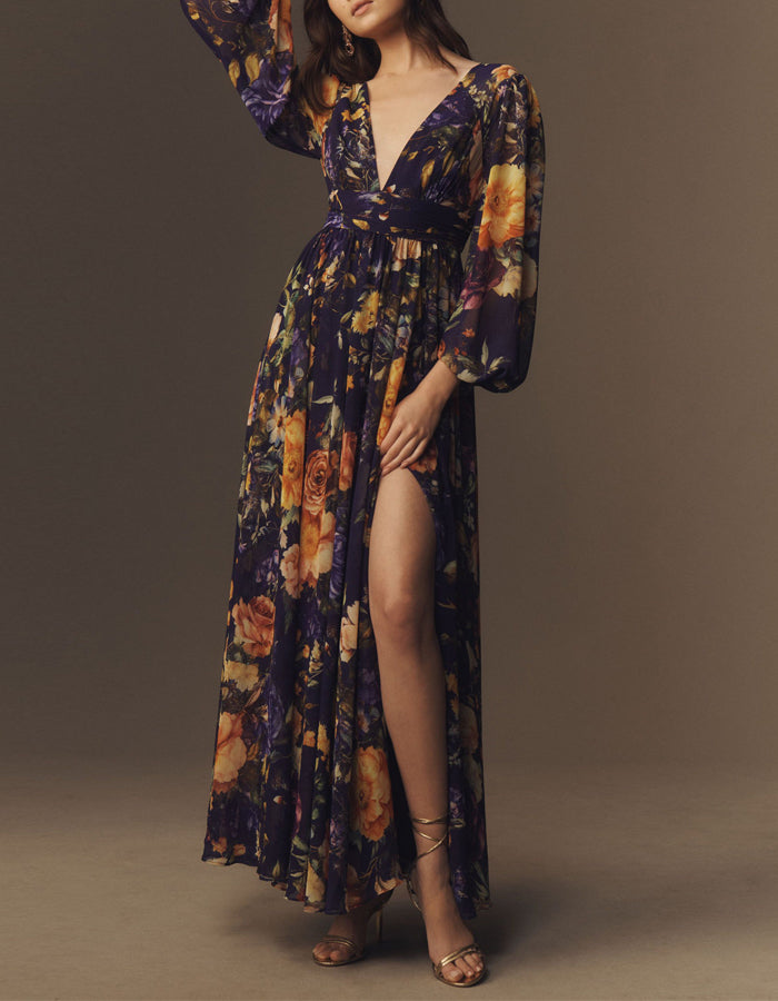 Purple Long Sleeved V Neck Floral Maxi Dress