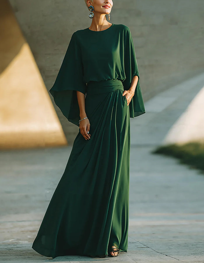 Dark Green Round Neck Chiffon Maxi Dress