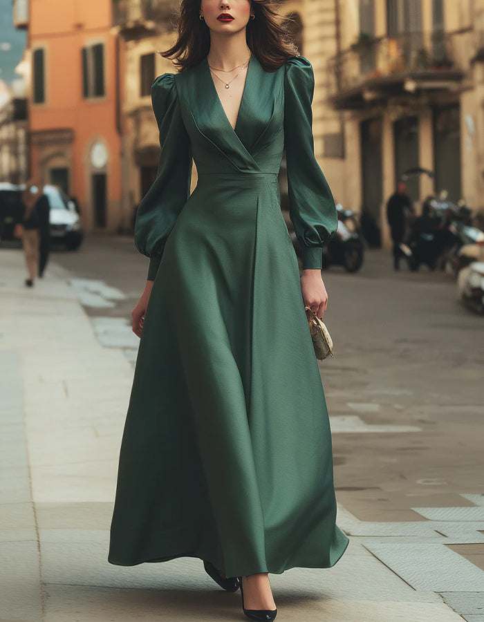 Green Satin V-neck Long Sleeves Maxi Dress