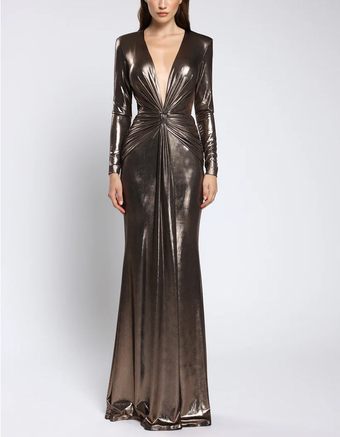 Brown Metallic Long Sleeves Maxi Dress