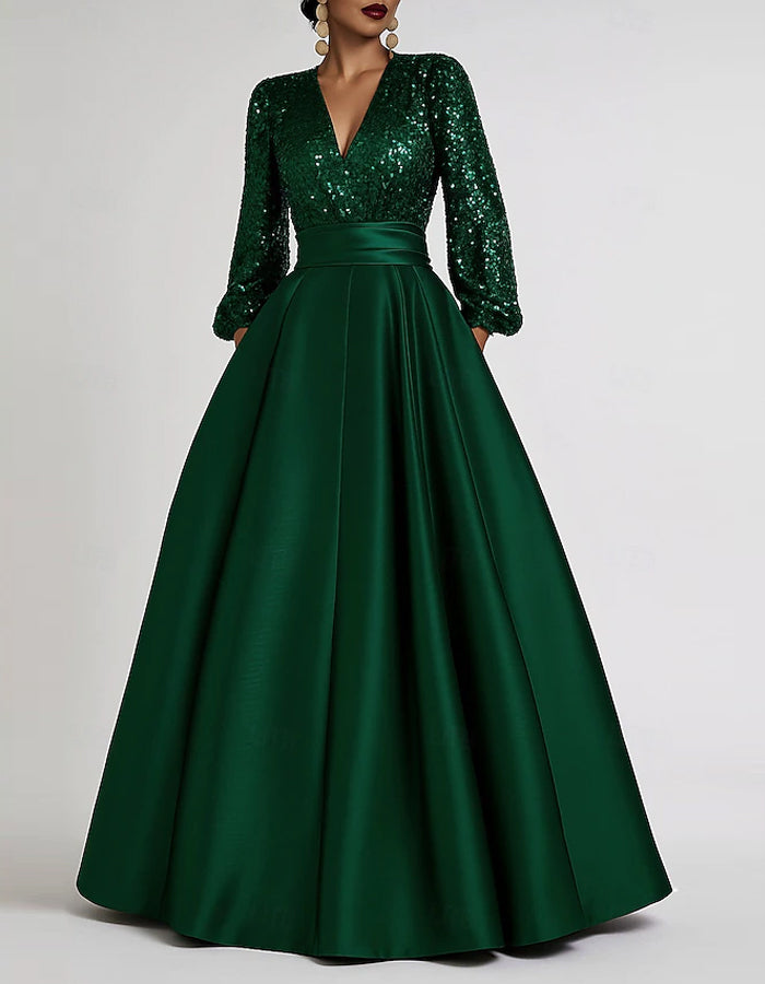 Sequined A-line Long Sleeved V-neck Maxi Dress