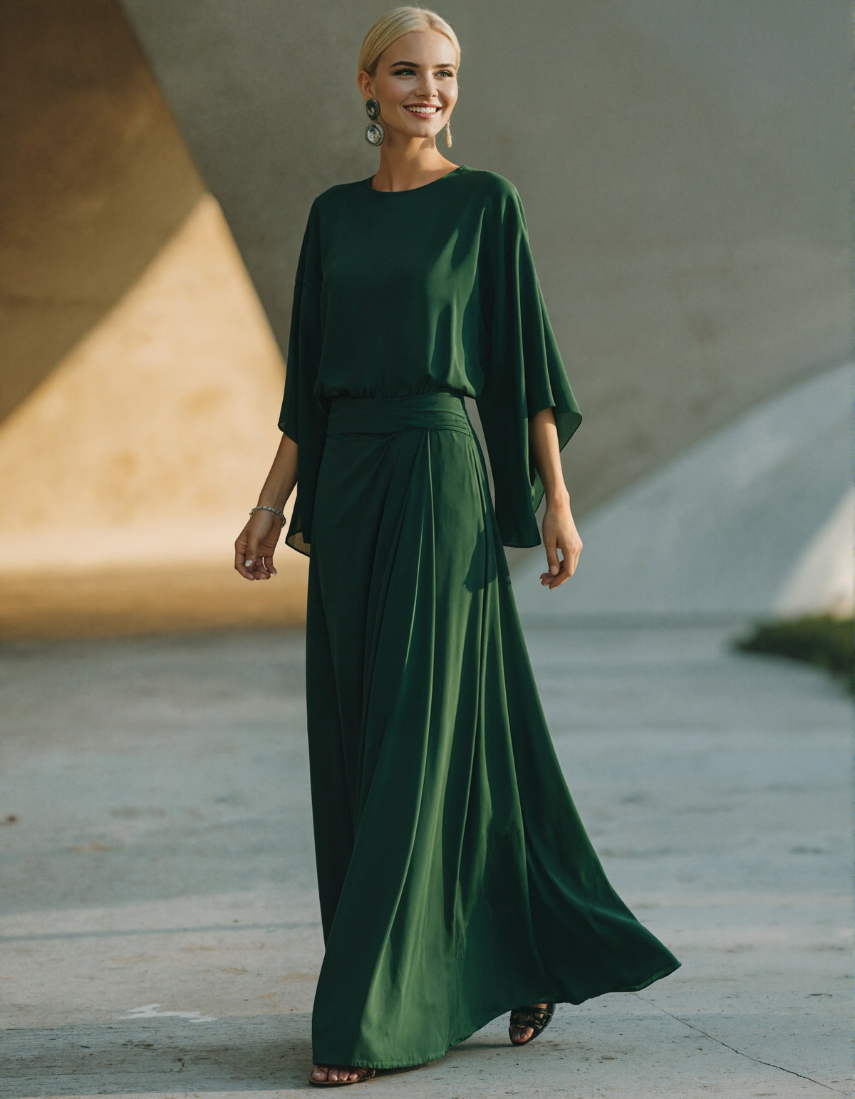 Dark Green Round Neck Chiffon Maxi Dress
