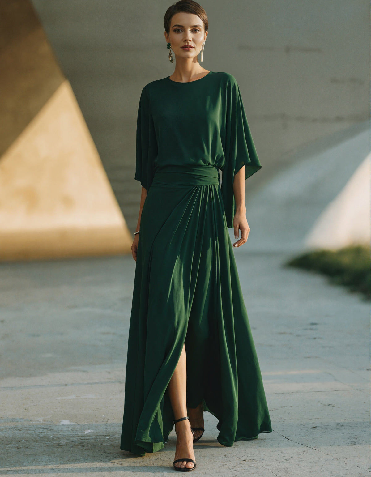 Dark Green Round Neck Chiffon Maxi Dress