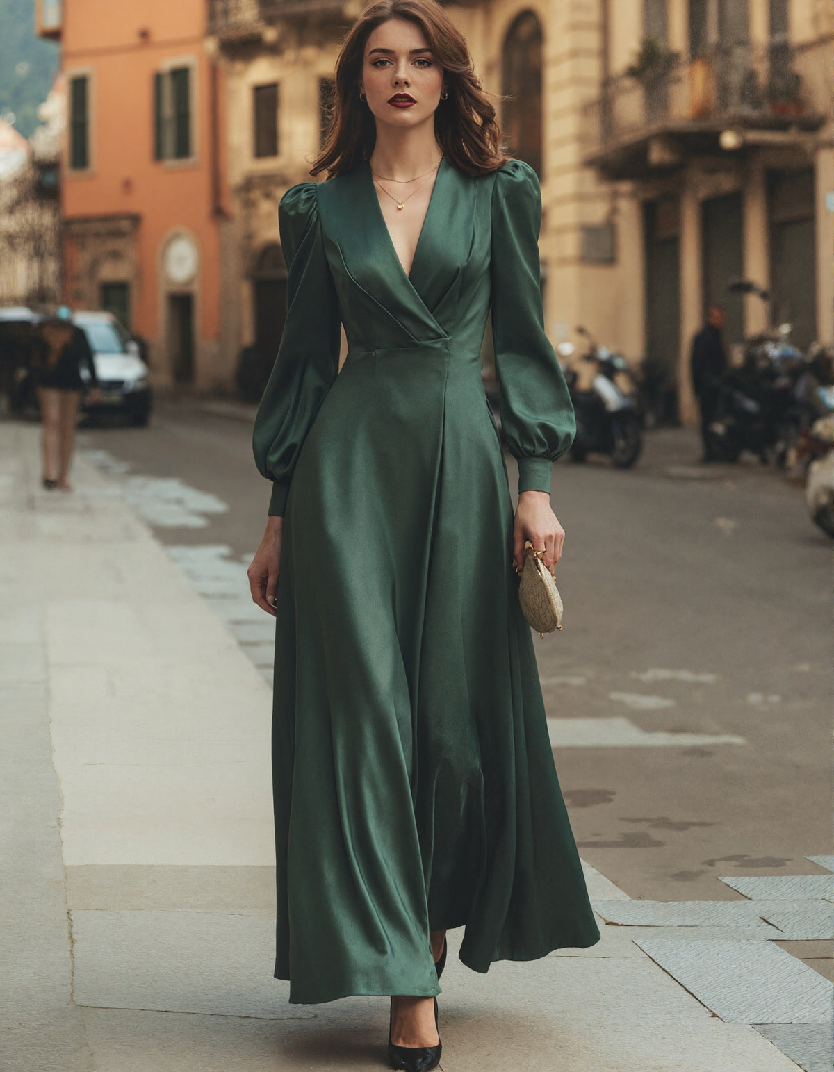 Green Satin V-neck Long Sleeves Maxi Dress