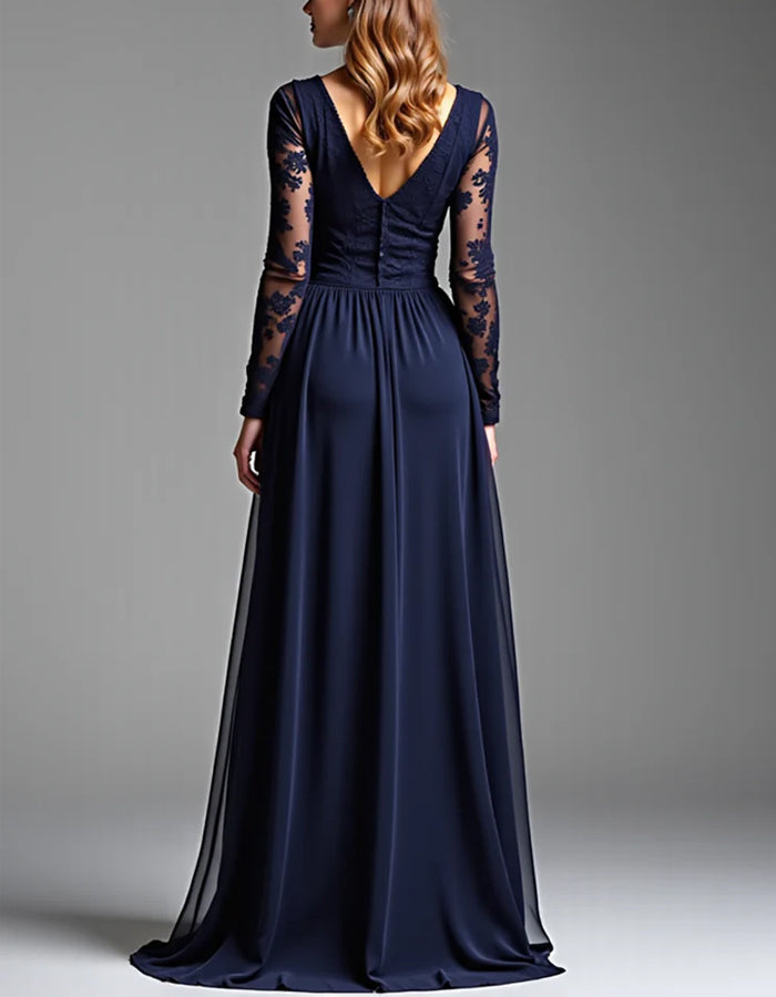 Solid Color A-line Formal Floor-length Long Sleeve Satin Ribbon Bow Maxi Dress
