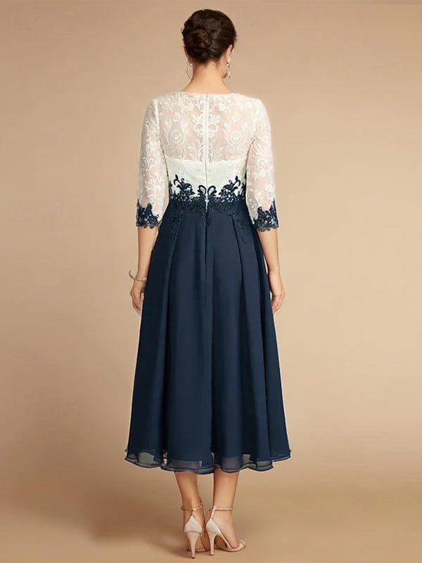 Round Neck Lace Stitching Midi Dress