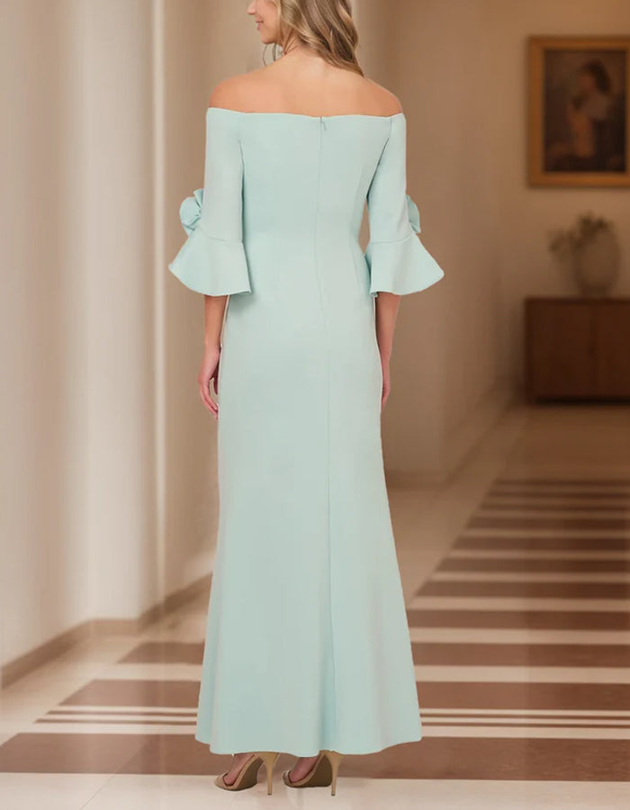 Mint Green Mermaid Off-the-shoulder Trumpet Sleeve 3D Flowers Midi Dress