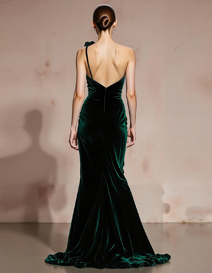 Dark Green Velvet Mermaid One Shoulder 3D Flowers Maxi Dress