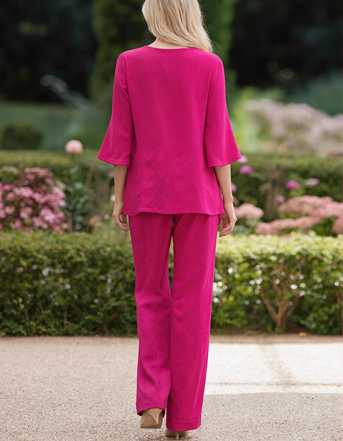 Rose Red V-Neck Rhinestone Chiffon Pants 2-Piece Suit