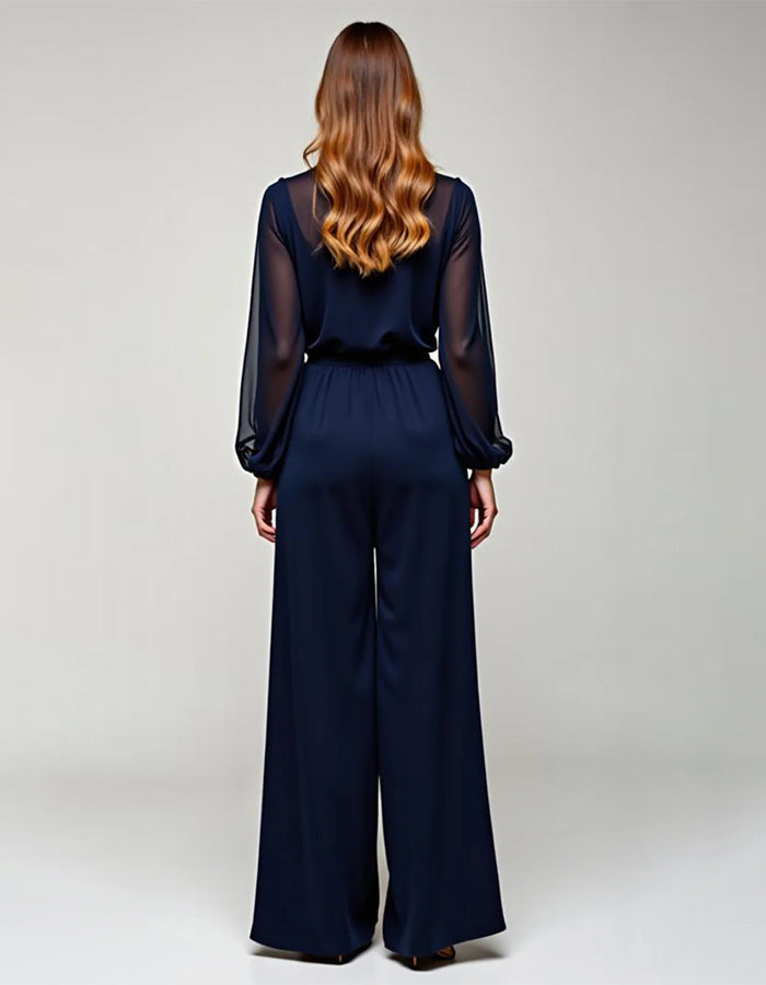 Navy Chiffon V-Neck Jumpsuit