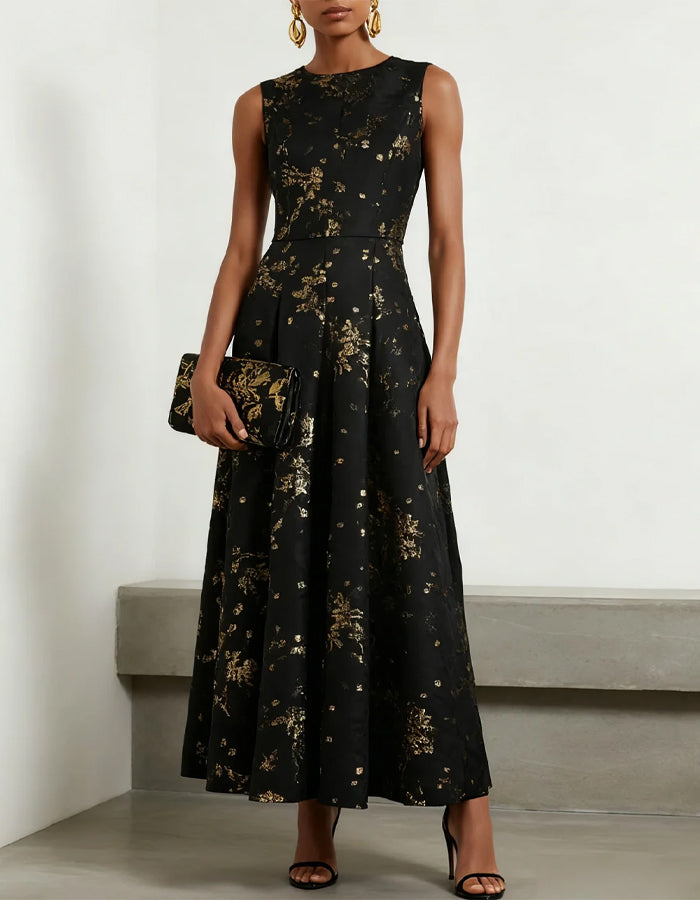 Black Round Neck Sleeveless A-Line Gold Foil Satin Maxi Dress