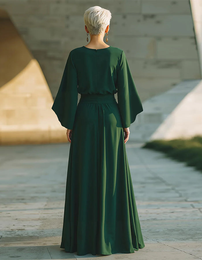 Dark Green Round Neck Chiffon Maxi Dress