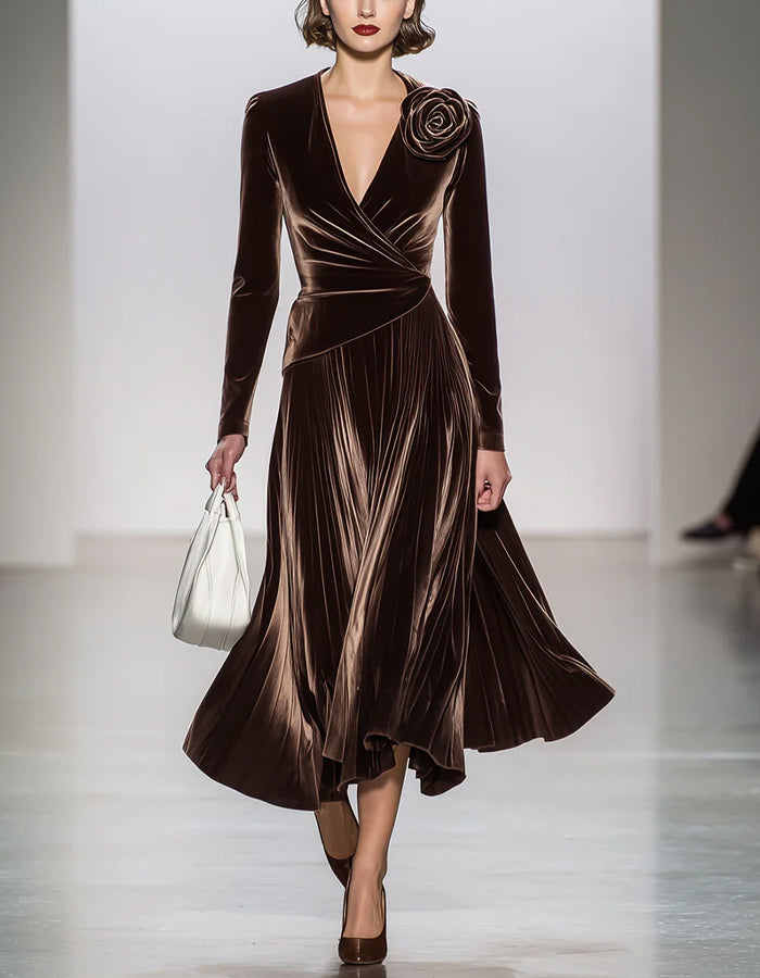 Chocolate Velvet V-Neck Pleated Three-Dimensional Rose Midi Dress
