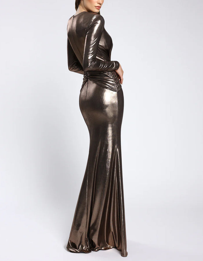 Brown Metallic Long Sleeves Maxi Dress