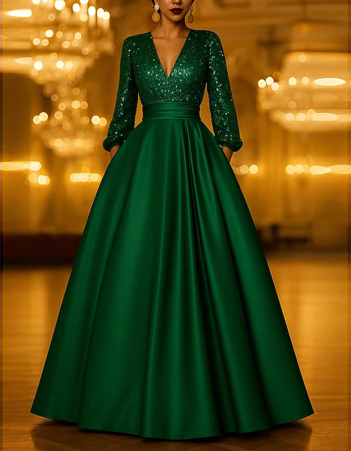Sequined A-line Long Sleeved V-neck Maxi Dress
