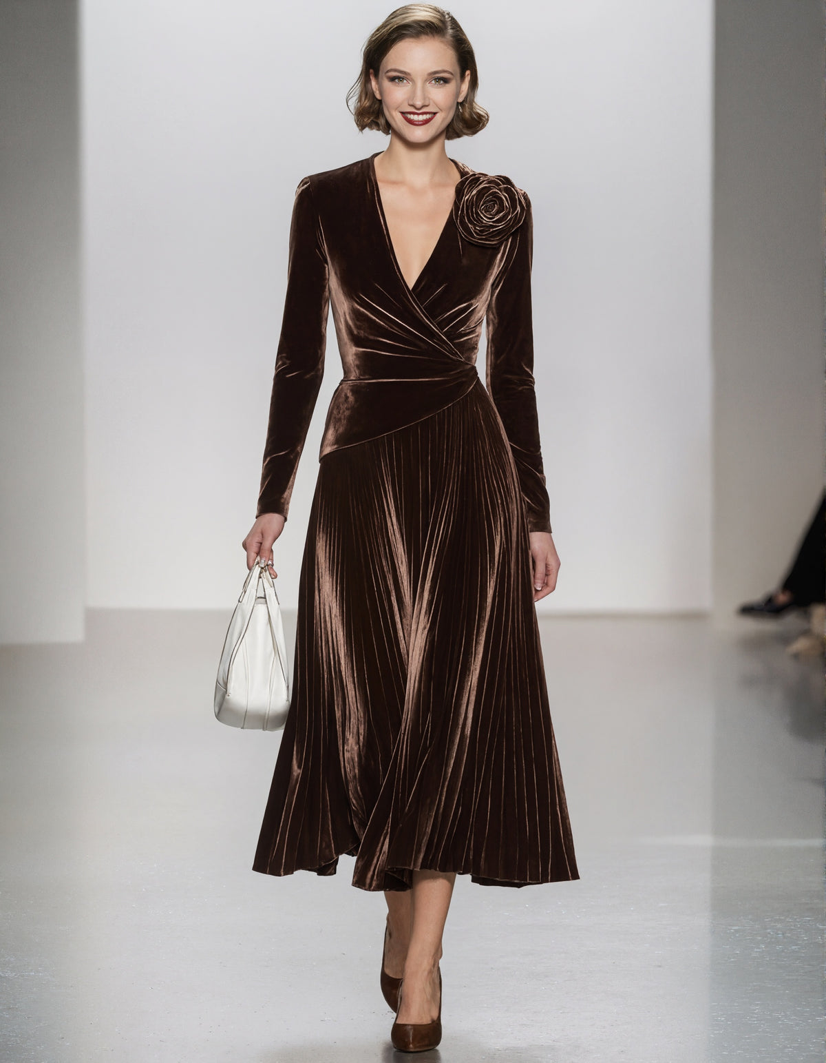 Chocolate Velvet V-Neck Pleated Three-Dimensional Rose Midi Dress