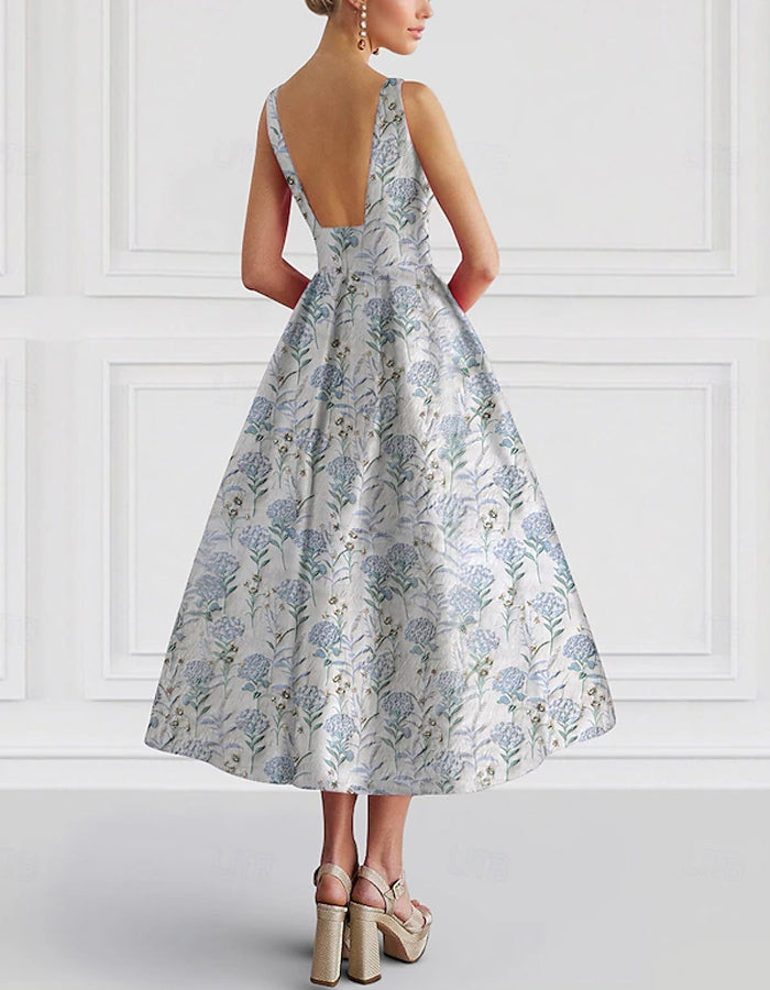 Vestido sin mangas de cuello redondo con corte en A y estampado floral jacquard