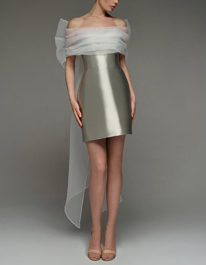 Silver Strapless Bodycon Satin Mesh Mini Dress