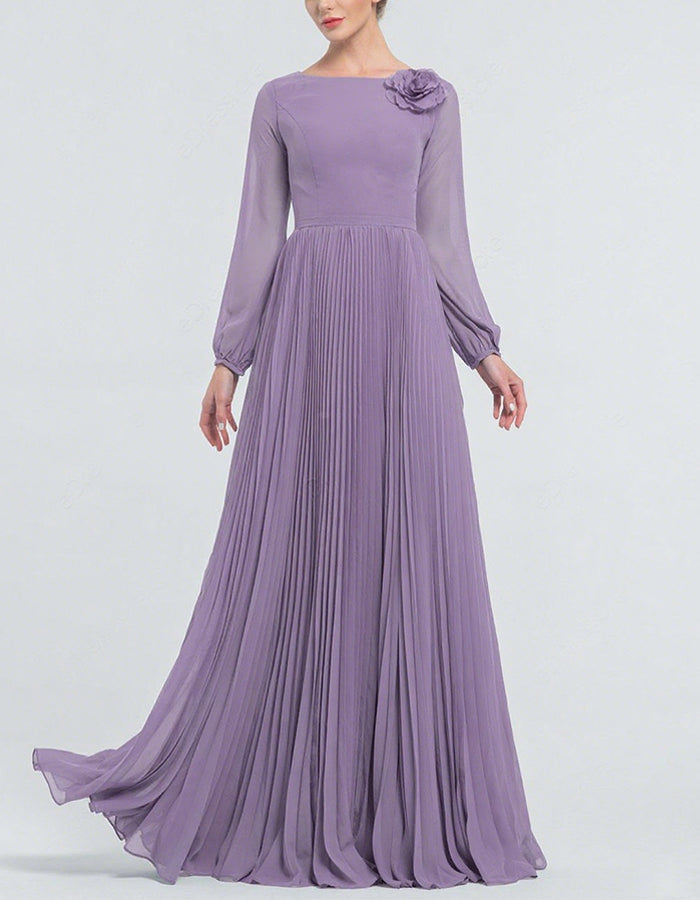 Purple Long Sleeved Chiffon Maxi Dress