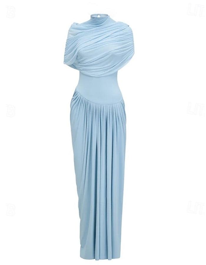 Vestido Largo Azul Claro Elegante Formal de Cuello Alto con Volantes y Chal