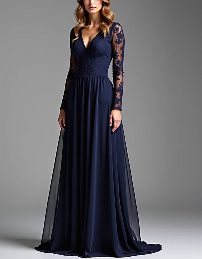 Solid Color A-line Formal Floor-length Long Sleeve Satin Ribbon Bow Maxi Dress
