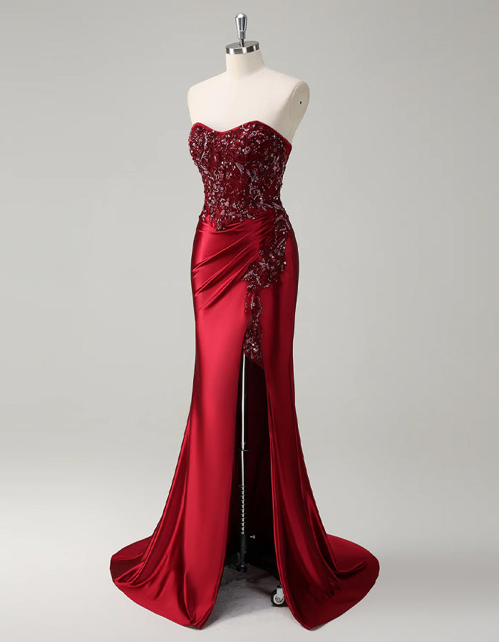 Solid Color Bandeau Mermaid Beaded Corset Slit Ballgown Maxi Dress