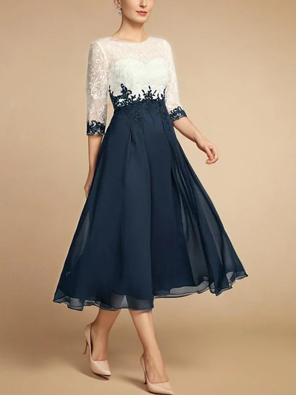 Round Neck Lace Stitching Midi Dress