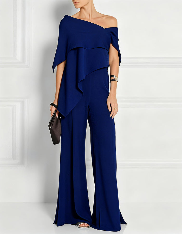 Solid Color Short-sleeved Chiffon Off-the-shoulder Ruffled Jumpsuit