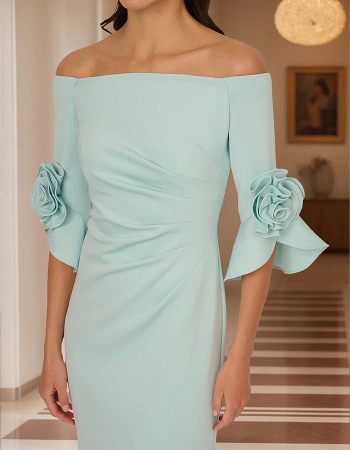 Mint Green Mermaid Off-the-shoulder Trumpet Sleeve 3D Flowers Midi Dress