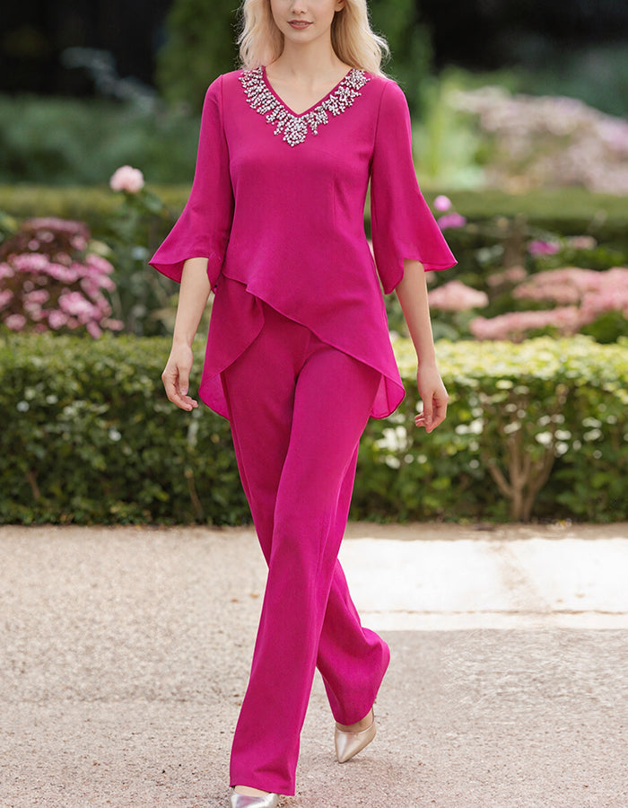 Rose Red V-Neck Rhinestone Chiffon Pants 2-Piece Suit