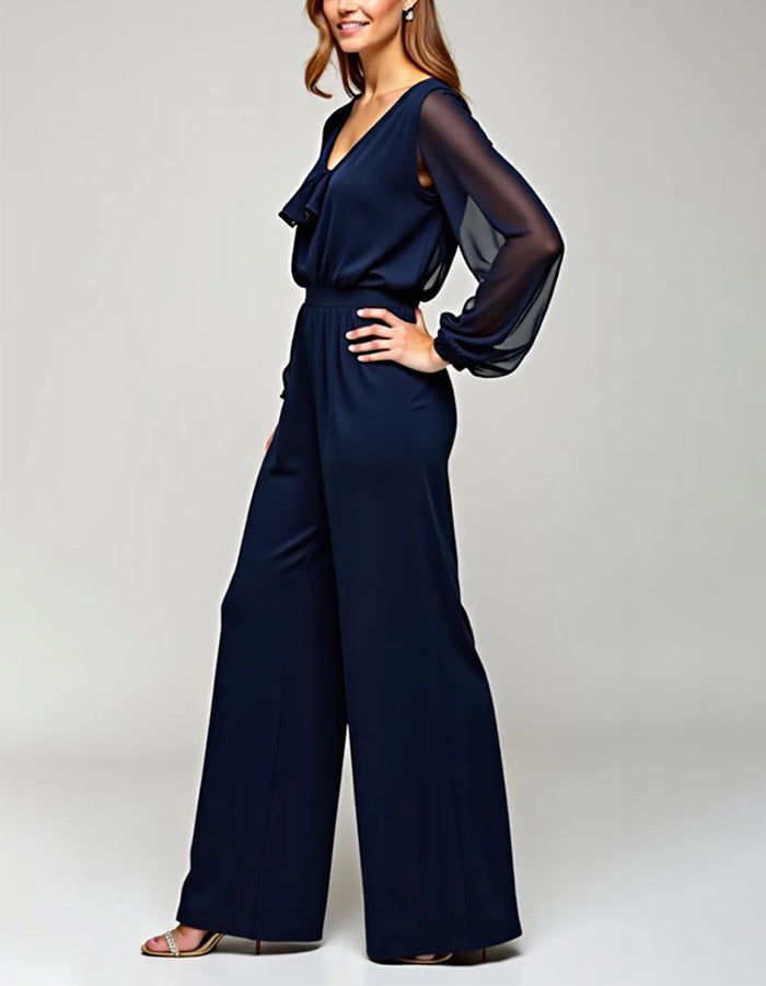 Navy Chiffon V-Neck Jumpsuit